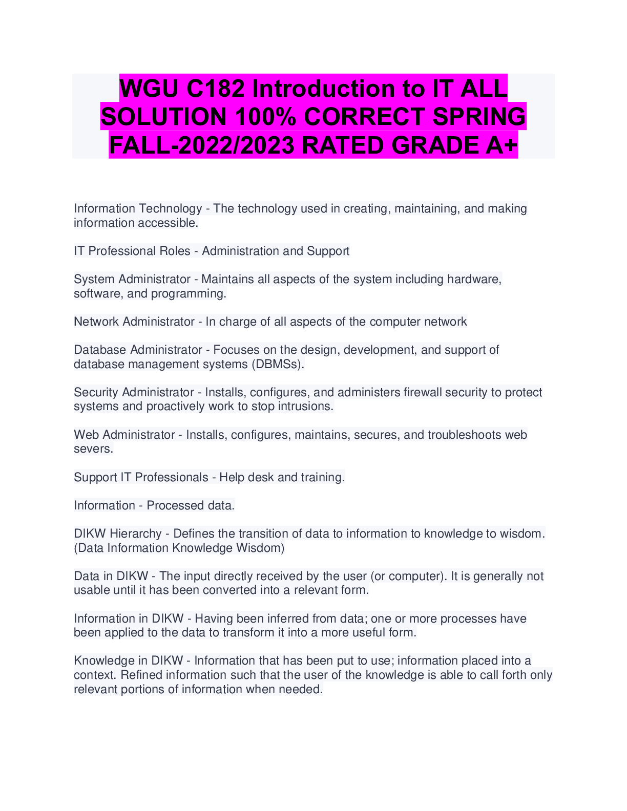 spring 2023 grades WGU C182 Introduction to IT ALL SOLUTION 100 CORRECT SPRING FALL2022/